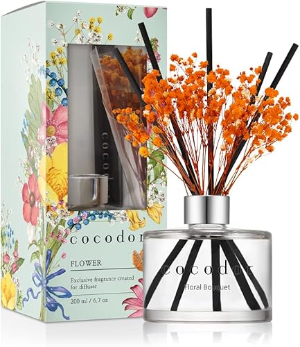 COCODOR - Juego de difusores con flores preservadas, aceite de ramo floral y varillas de junco, de 6,7onzas (200 ml), decoración para el hogar y la