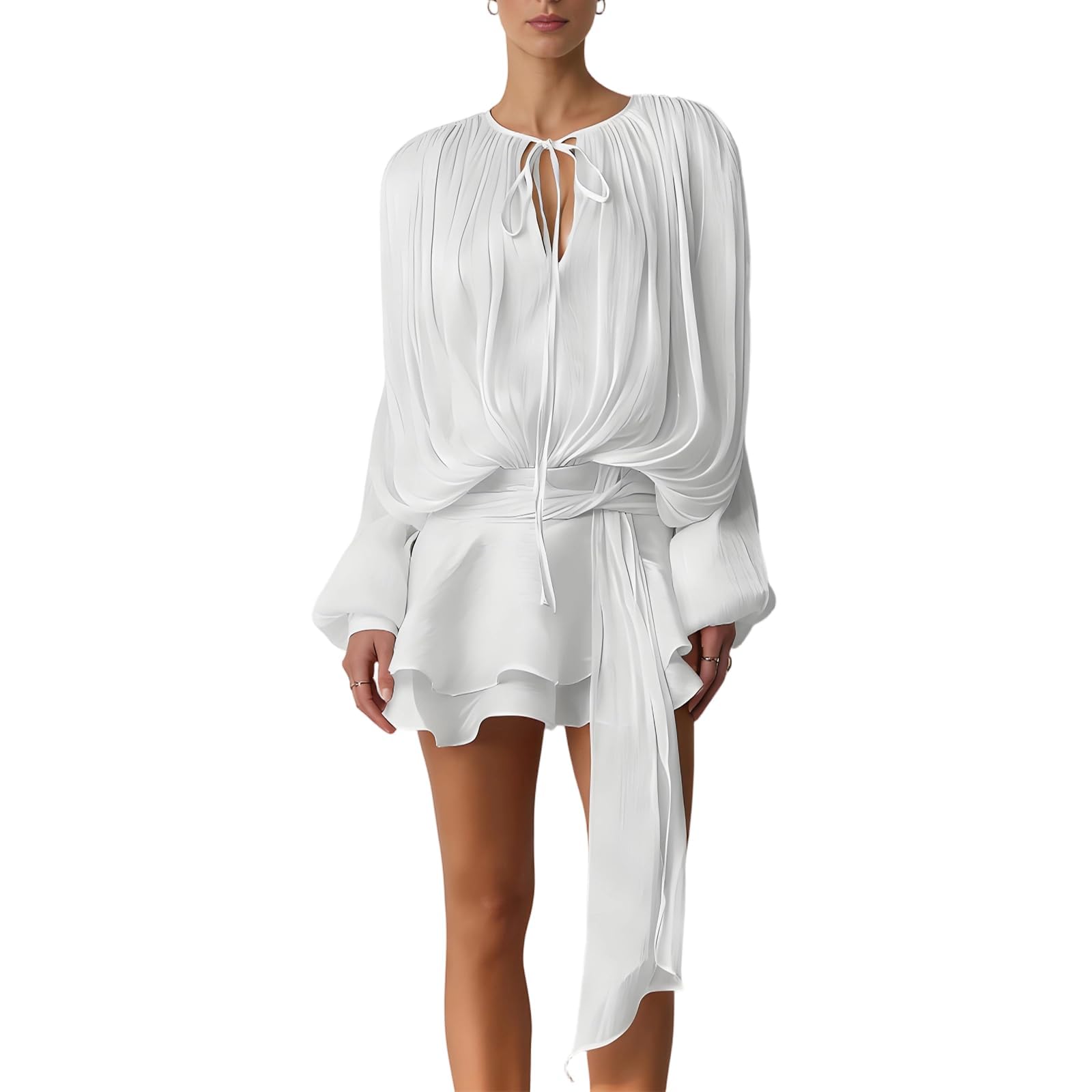 Elegante conjunto de falda de 2 piezas para mujer, cuello redondo, dobladillo con volantes de doble capa y mini pantalones cortos ajustados, estilo casual, para salir de verano