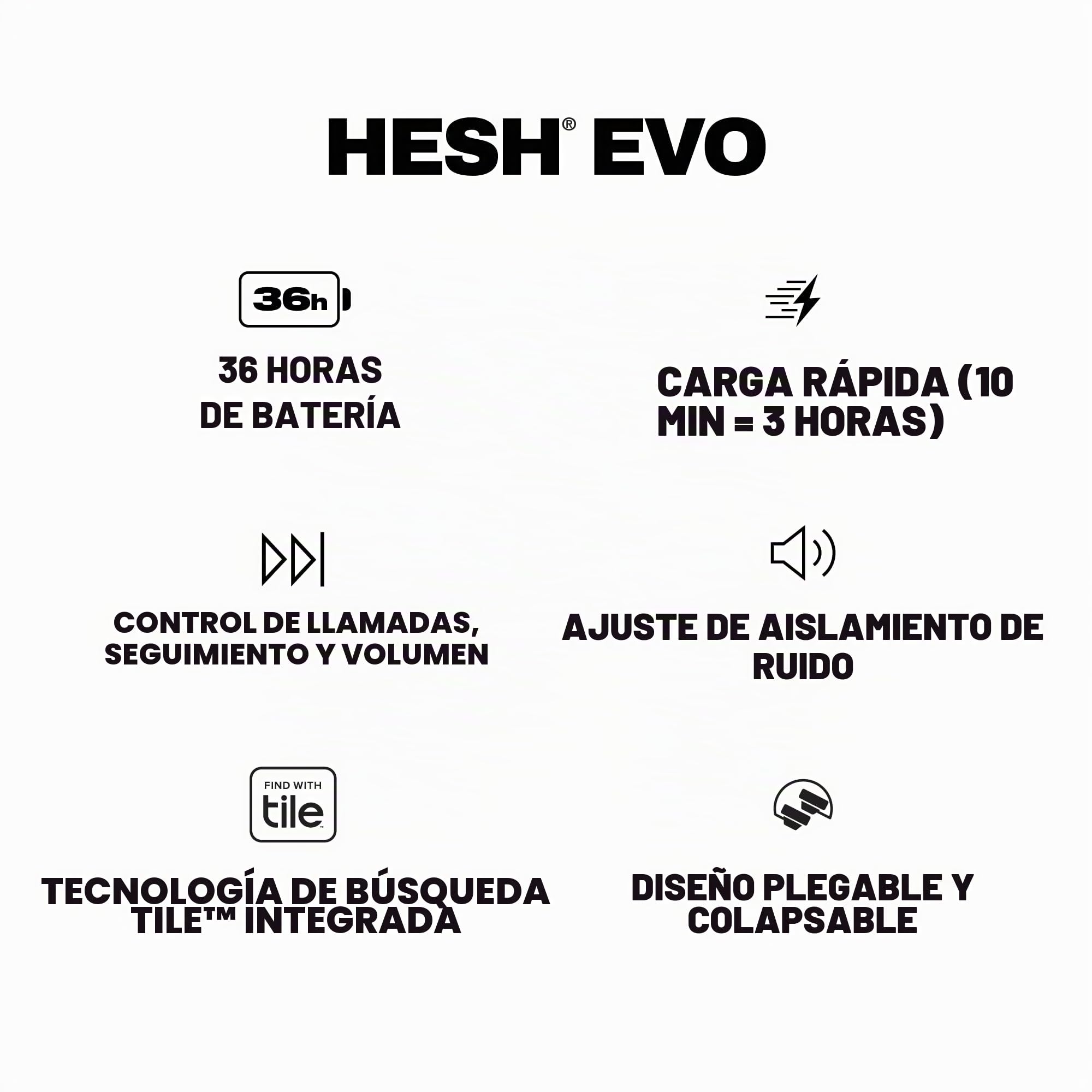Skullcandy Hesh EVO Cascos Inalámbricos Bluetooth Over-Ear, Aislamiento Acústico, 36 Horas de Autonomía, Diseño Ligero Plegable - Negro