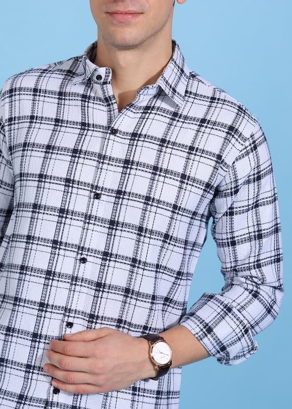 Image of MiraMichi Men's Pure Cotton Blue Checkered Full Sleeve Shirt - Regular Fit, Casual Wear, Comfortable and Stylish Design