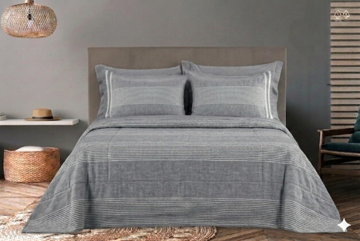fashion home Pagano Copriletto Matrimoniale Kerala in Cotone Leggero, Telo Copridivano Copritutto Multiuso a Righe, Gran Foulard Primavera Estate 260x260 cm [Grigio]