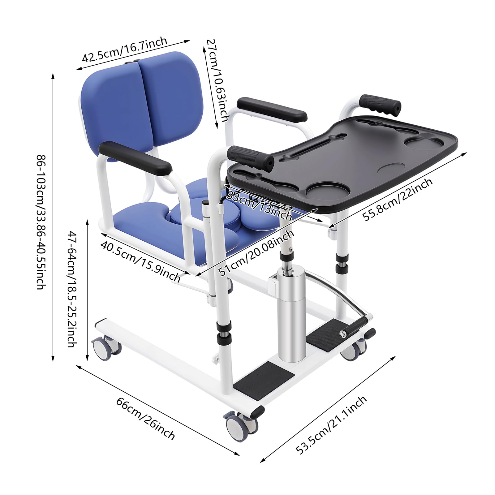 Silla elevadora de pacientes para personas mayores, altura regulable, elevador hidráulico, asiento dividido de 180°, con ruedas y orinal de hasta 150 kg, para enfermos, ancianos, discapacitados