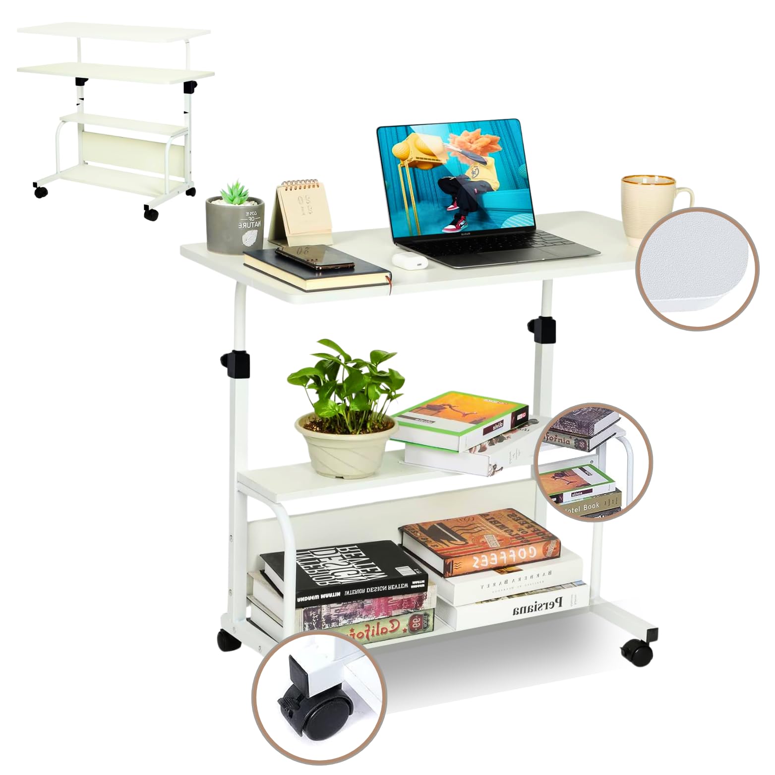 Mesa Ordenador portátil con Ruedas - Mesa Auxiliar 60x40cm - Mesa Ordenador pequeña portátil estantería Inferior - Escritorio Altura Regulable - Escritorio portátil