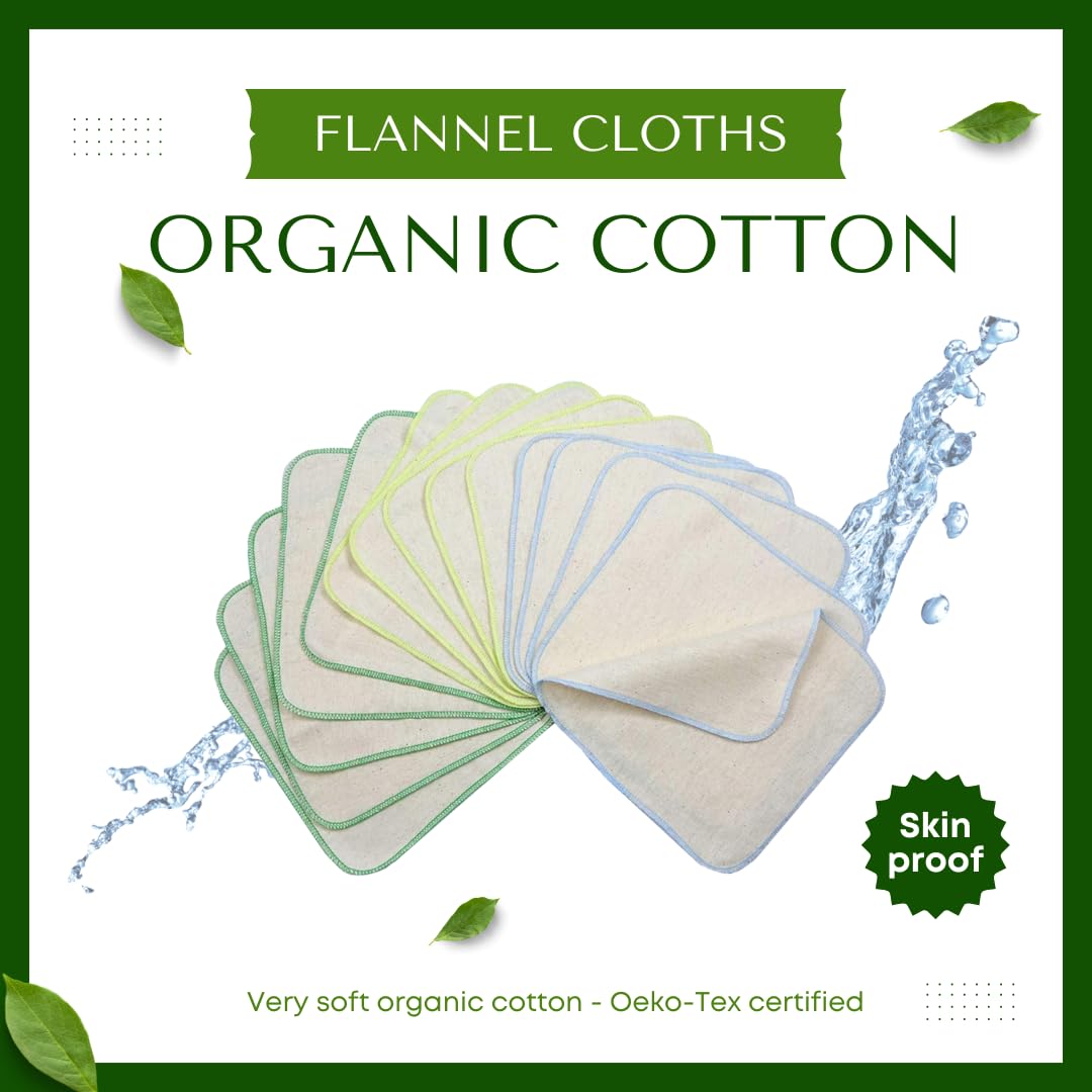 avo+cado Lot de 15 gants de toilette réutilisables en flanelle de coton bio pour remplacer les lingettes humides - Petites mini serviettes en coton lavables (couleur : vert)