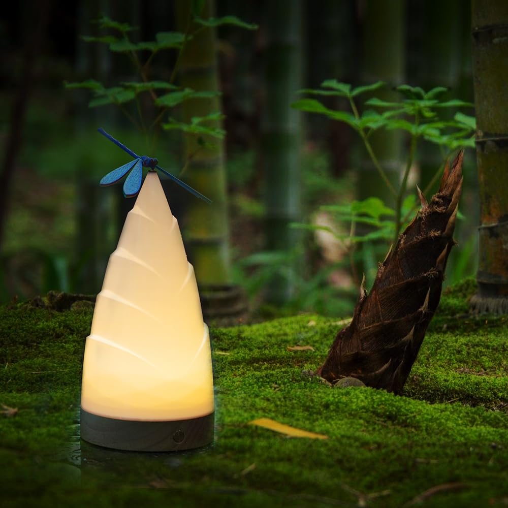 SECOWEL 3D Printing Night Light for Bedroom, Dimmable Small Lamp for Nightstand, Novelty Bamboo Shoots Lampshade with Balance Dragonfly Decoration,