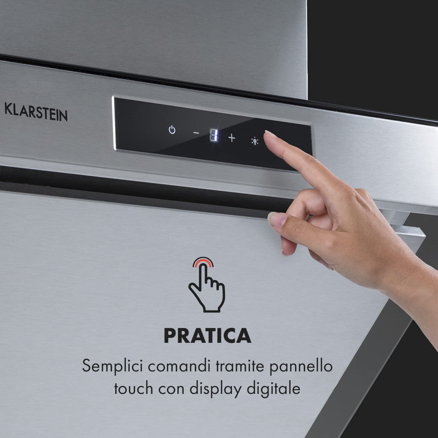 KLARSTEIN Balzac Cappa Inclinata - Ricircolo/Scarico, Silenziosissima, Pannello tattile, Luce LED, Filtro Antigrasso, Potenza di Scarico: 604 m³/h, 250 W, Argento, Tipo: Balzac Silent, 60 cm