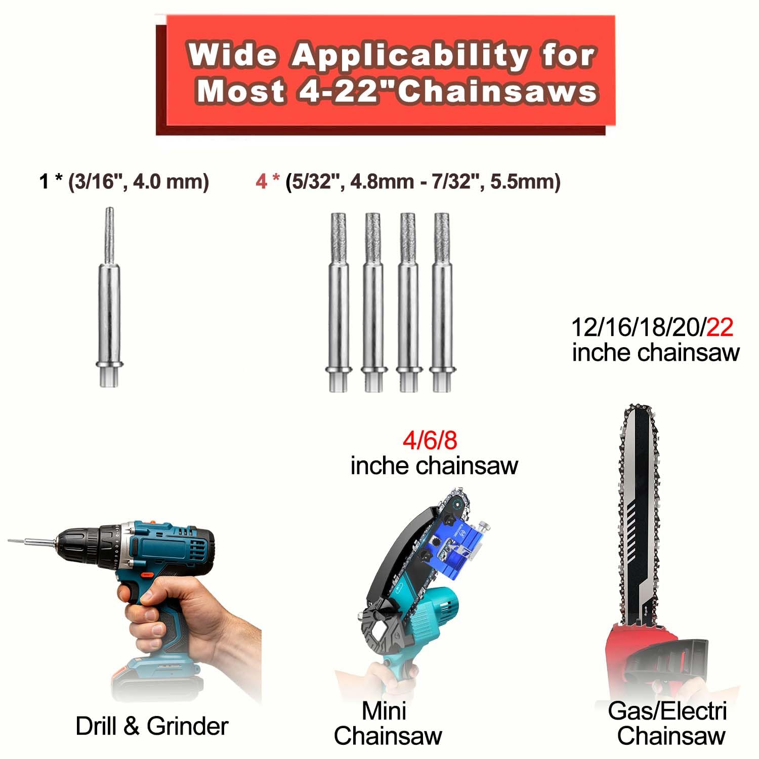 Affilatrice per motosega con 5 punte in tungsteno per catene da 4 a 55,9 cm | Universale Portatile Manuale Mano Çank Catena Seghe Lama Affilatrice Tool Kit Accessori per Affilare