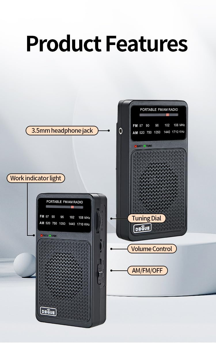 Radio portátil AM FM, radio a pilas con luz de sintonización, clip trasero, excelente recepción, radios AM FM portátiles, radios transistores (negro)