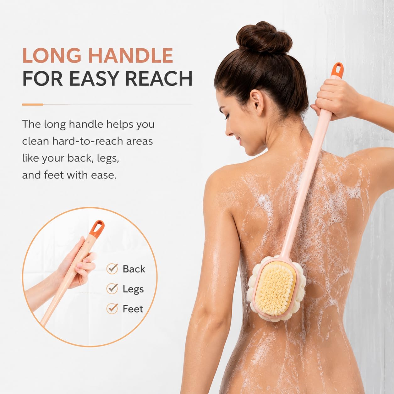STOFFIER GARTEN 2-in-1 Body Bath Brush for Shower with Long Handle, Soft Bristles & Loofah Back Scrubber for Men & Women, Exfoliating Massage Brush for Deep Cleansing, Dead Skin Removal & Smooth Glowing Skin