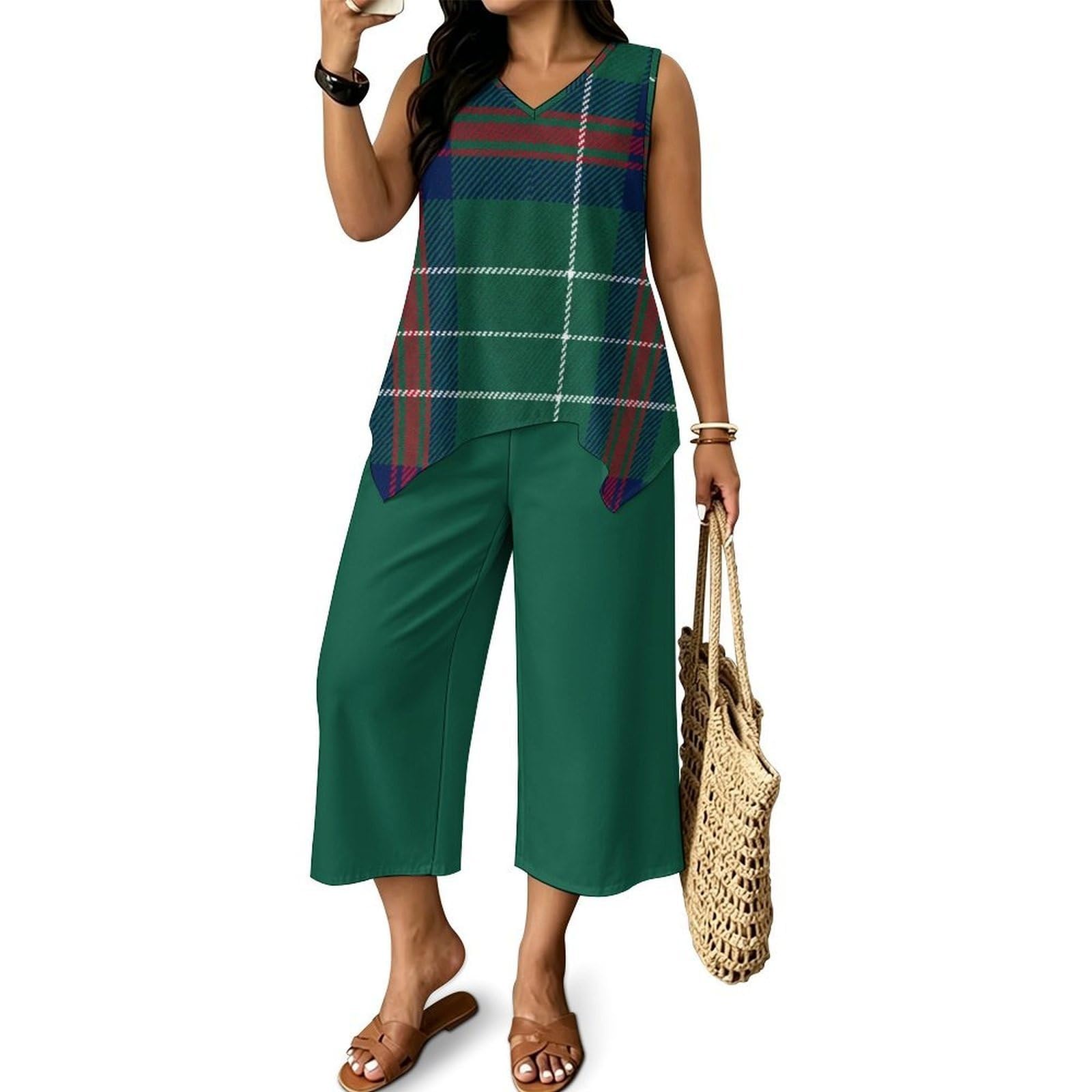 Pantalón pata ancha y top casual en conjunto de 2 piezas de mujer para verano talle alto cómodo 8