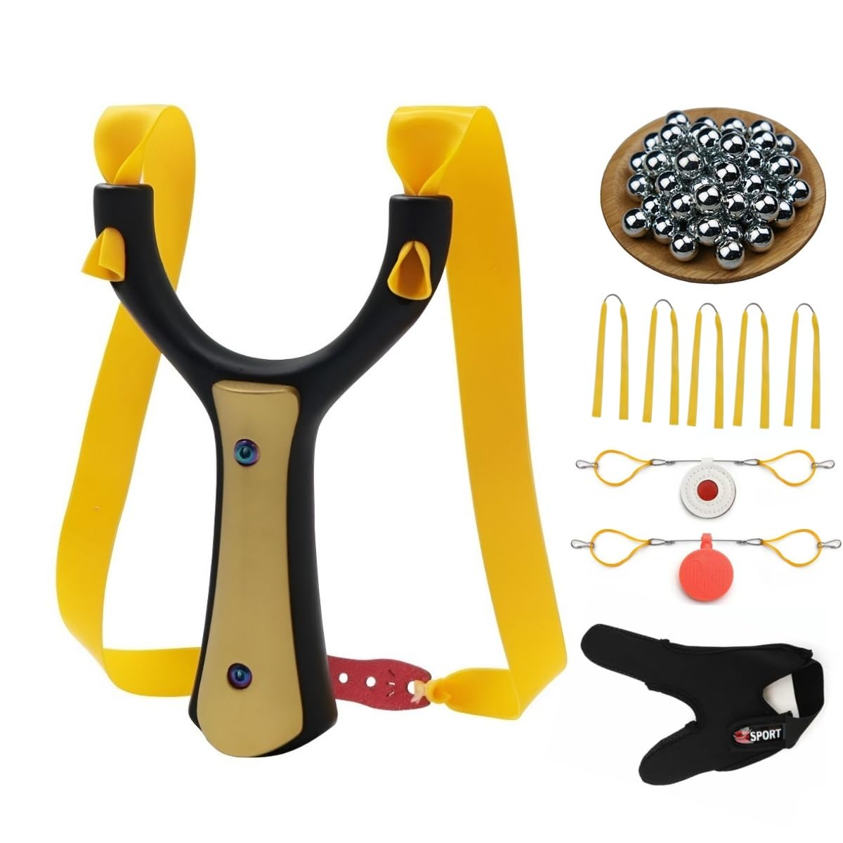 Kit fionda bloccata con sfere in acciaio, fasce di ricambio, bersagli e guanti da fionda nera, impugnatura ergonomica