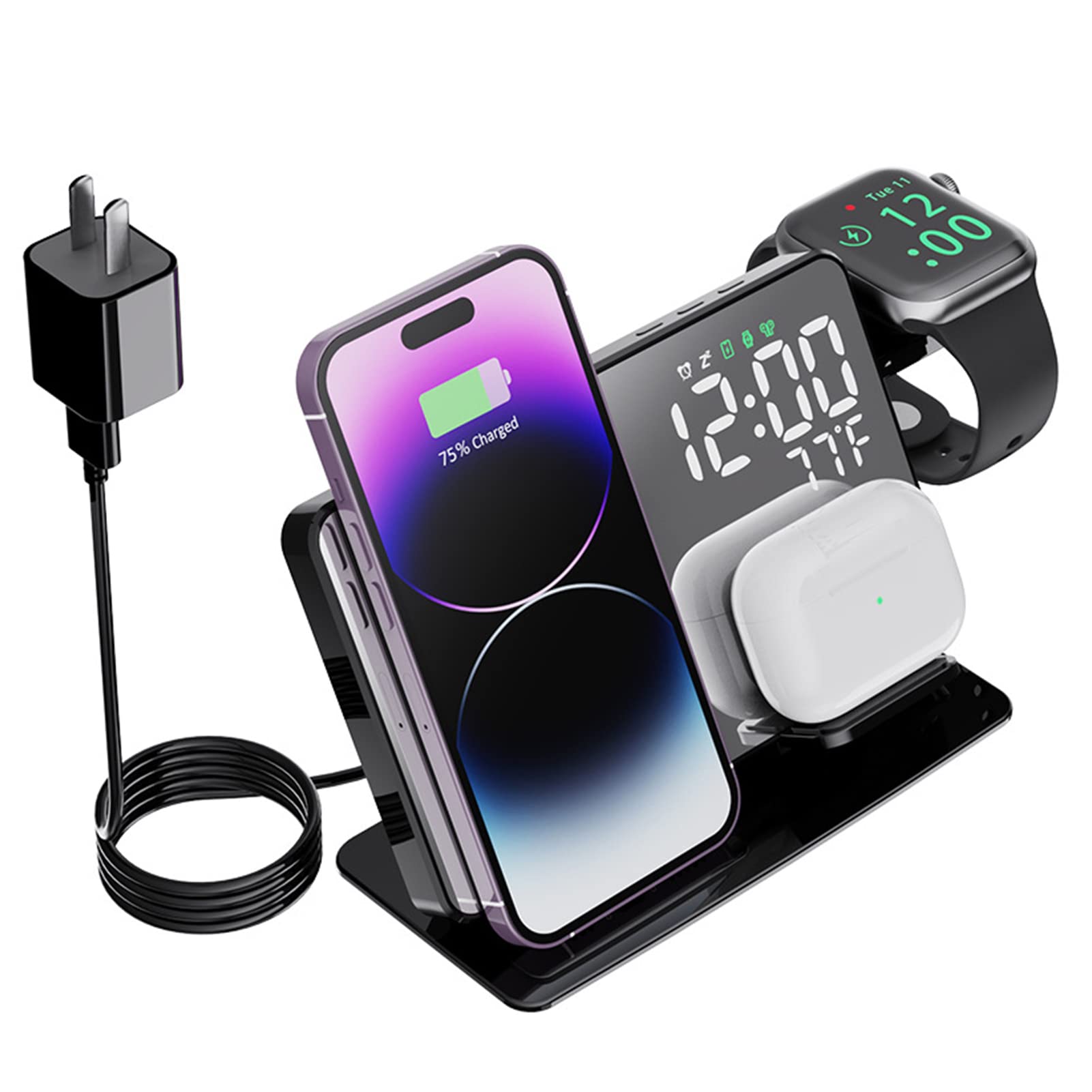 AMPACO2023 New Wireless Charging Station 4 in 1 Desktop Charging Station with Clock/Alarm 15w Fast Charging for Different iPhone 14/13/12 Galaxy Android Phones