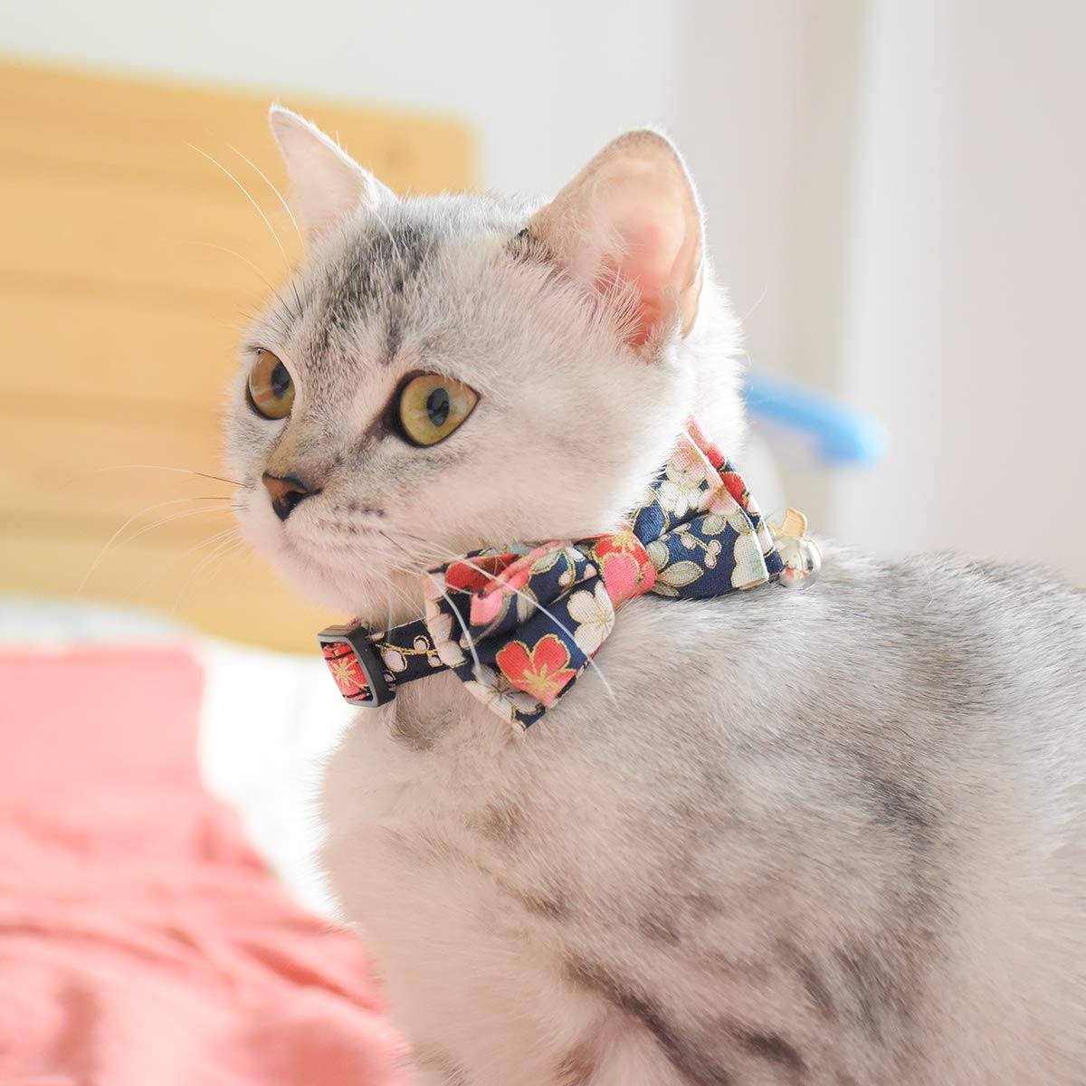 Cat Collar Breakaway with Bell and Accessories, Printing Kitten Collar Bowtie for Kitty 19 Colors Adjustable 7.5-11in(Flower 2)