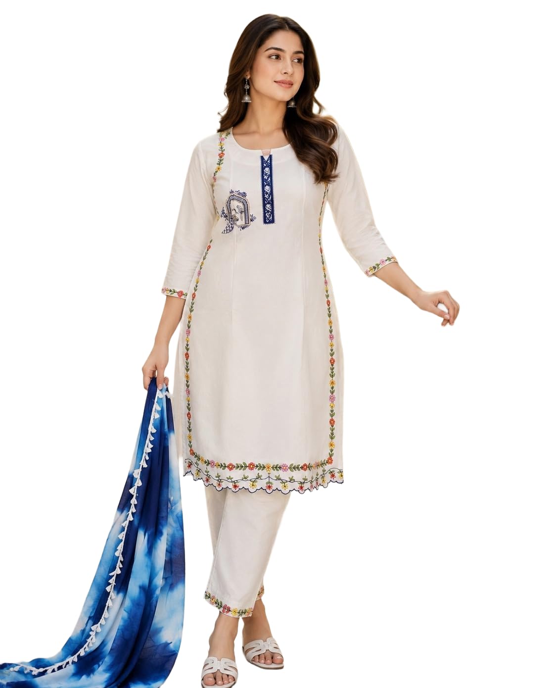 Women's Embroidered Cotton Kurta Pant with Dupatta Set | 3-Piece Ethnic Suit Set | Straight Kurta with 3/4 Sleeves |-image-31