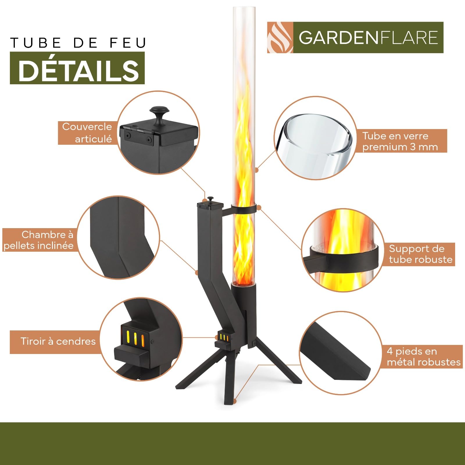 GARDENFLARE Torche à Pellet pour Jardin & Terrasse – Cheminée à Pellet Noire, Brasero Granulés Élégant, Flamme jusqu'à 1m, Brûle 75 Min, Acier Inoxydable, Conçu en Allemagne