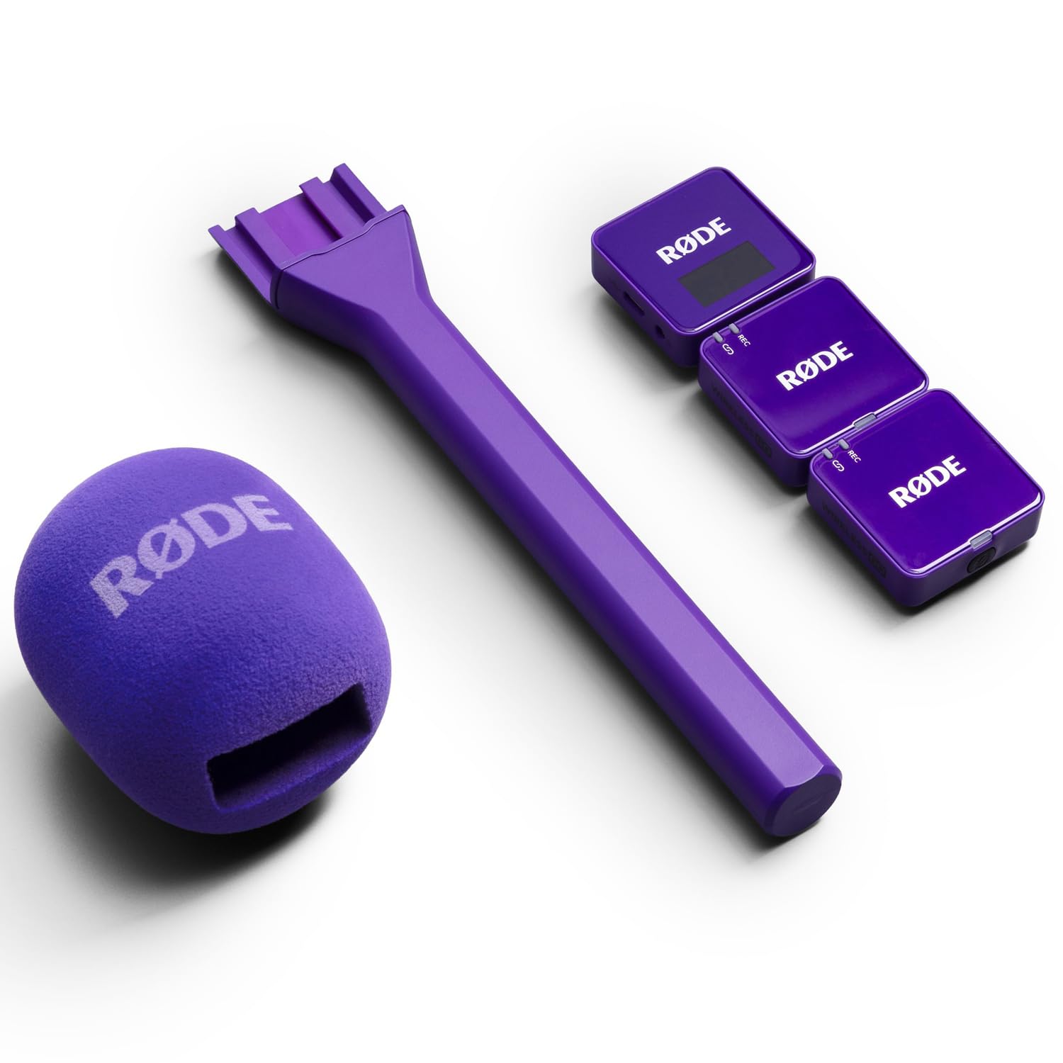 Rode Wireless GO Gen 3 bezprzewodowy 2-kanałowy system radiowy mikrofonu, fioletowy z interview GO, adapter ręczny, fioletowy i keepdrum, futrzana ochrona przed wiatrem
