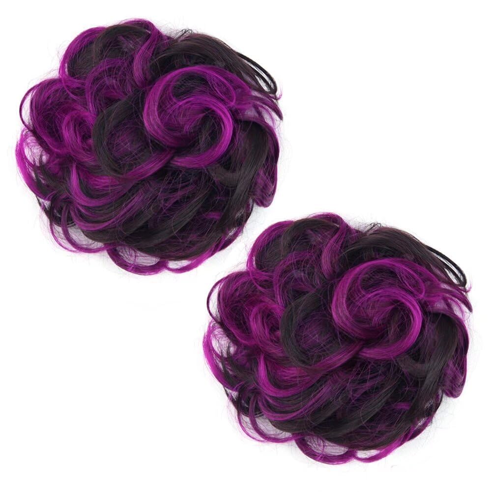 LaLuLoLi Dark Brown Highlight with Hot Pink Messy Fake Hair Bun Extensions Synthetic Chignons Hair Scrunchie Scrunchy Updo Hairpiece Ponytail for Women 2pcs/pack