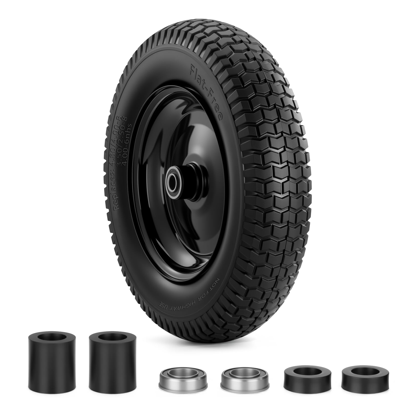 4.80/4.00-8 Tire, 14.5" Flat-free Solid Tire Wheels(Black, 1 Pack) | with 5/8" Axle Bore Hole, 3-7" Centered Hub, Universal Fit 4.80/4.00-8, 3.50/3.00-8, 4.00-6 Wheelbarrow Wheels