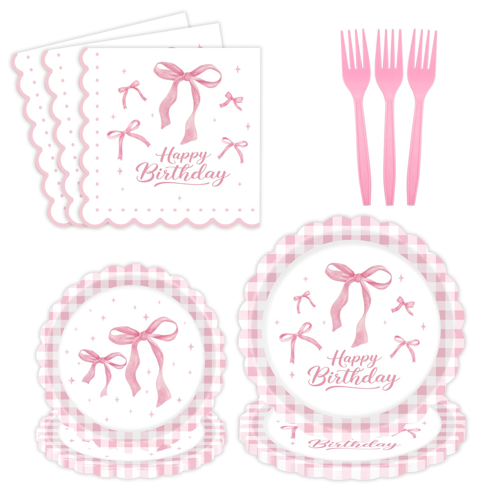 HiEnjoin 72PCS Pink Bow Party Plates and Napkins, Disposable Bow Birthday Plates with Forks Party Supplies for Girl Bachelorette Bridal Engagement