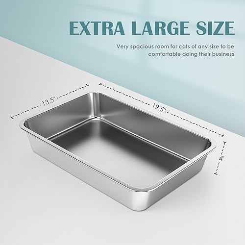 Miniatura 10 de IKITCHEN Caja de arena grande de acero inoxidable para gatos (19.5 pulgadas de largo x 13.5 pulgadas de ancho x 8 pulgadas de alto), bandeja de
