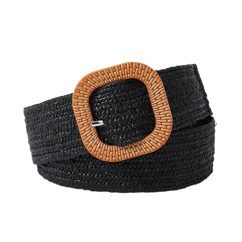 Women Straw Woven Elastic Belts with Square Buckle Rattan Waistband Skinny Braided Dress Belt for Girls