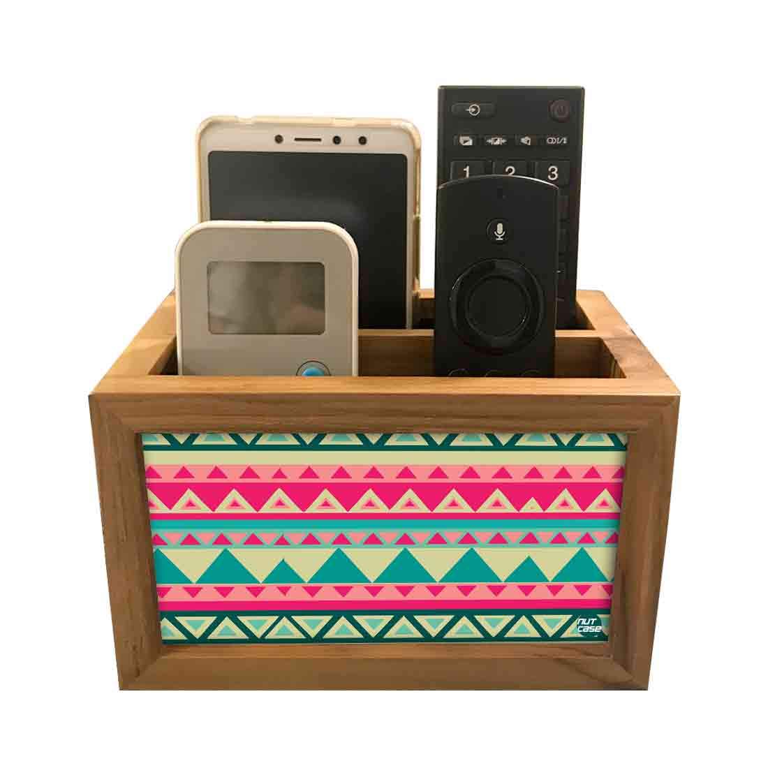 Nutcase Designer Teak Wood TV Remote Stand For Home Remote Holders Organizer Caddy for TV/AC Remotes Control -Multipurpose Desk Organiser-6�x4�x4� - PINK AZTEC