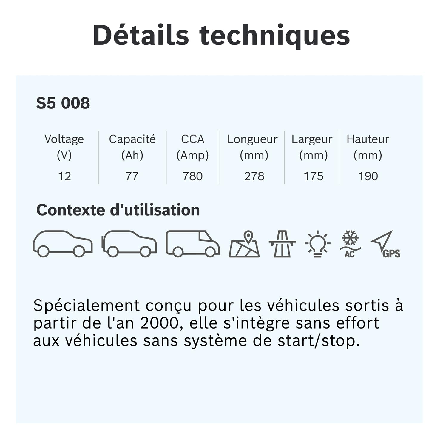 Bosch S5 008 Batterie Auto 77 A/h - 780 A - Batterie 12 V, Plomb-acide pour Véhicules sans Système Start/Stop et Exigeants en Énergie, (-) (+), 278 x 175 x 190 mm