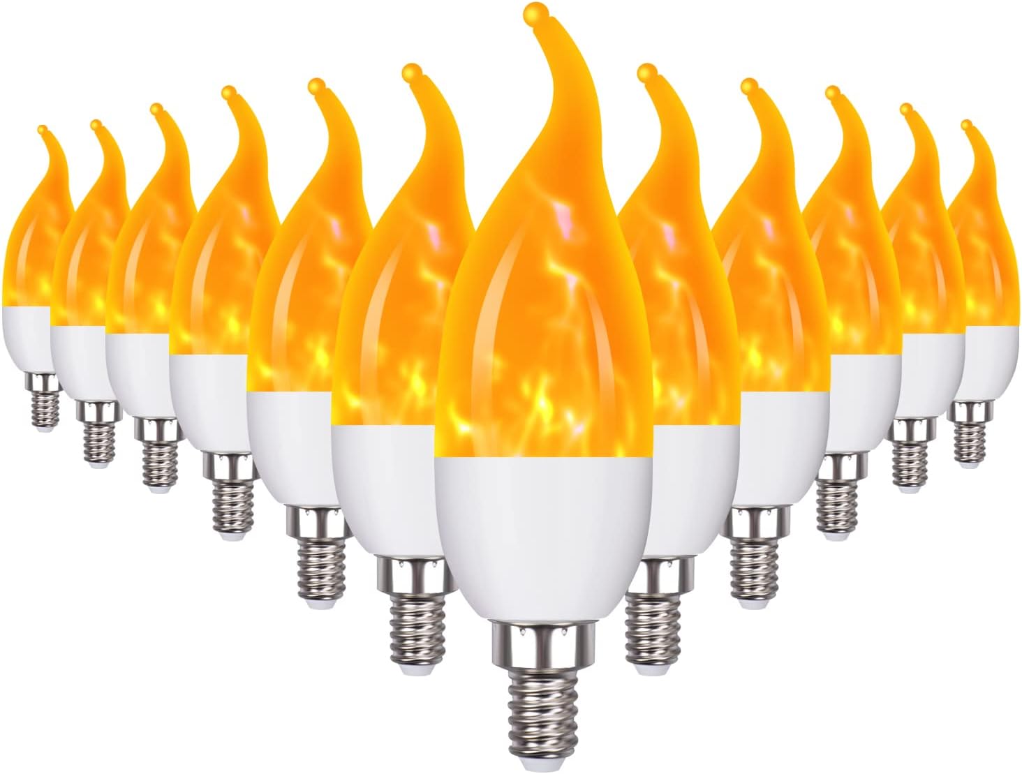 E12 Flame Bulbs 12 Pack, 3 Mode LED Candelabra Flame Light Bulb 2.0 Watt Warm White Chandelier Flame Bulbs,1800k Candle Light Bulbs, Flame Tip for Christmas Party Decorations