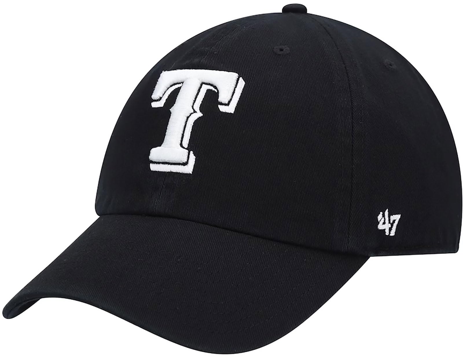 47 Texas Rangers Mens Womens Clean Up Adjustable Strapback Black Hat with White Logo, Black, One Size