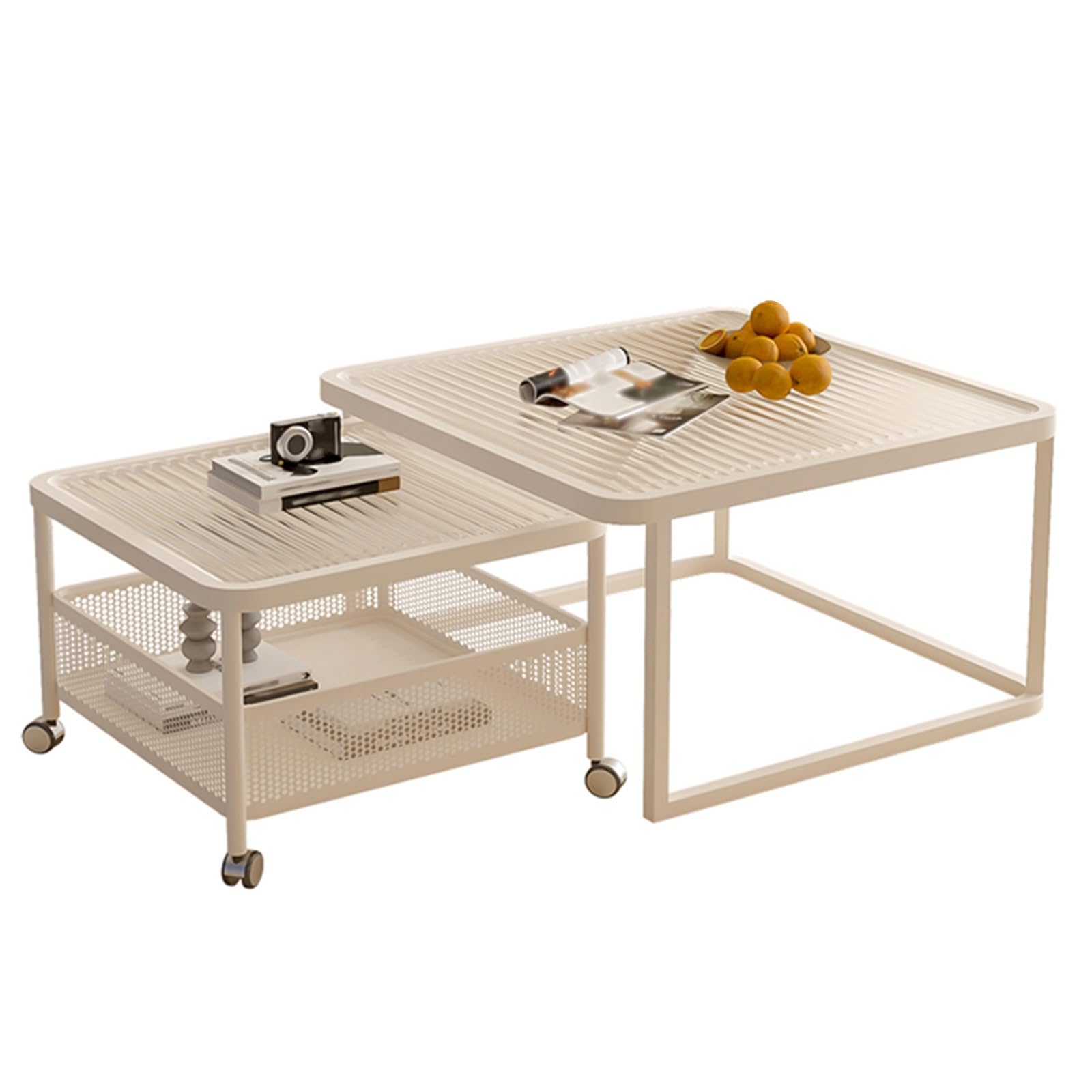 SXZenSpace Square Coffee Table Set of 2, Nesting Tables for Living Room, 2-tier Small Table, Side with Wheel, Space, Home, Bedroom