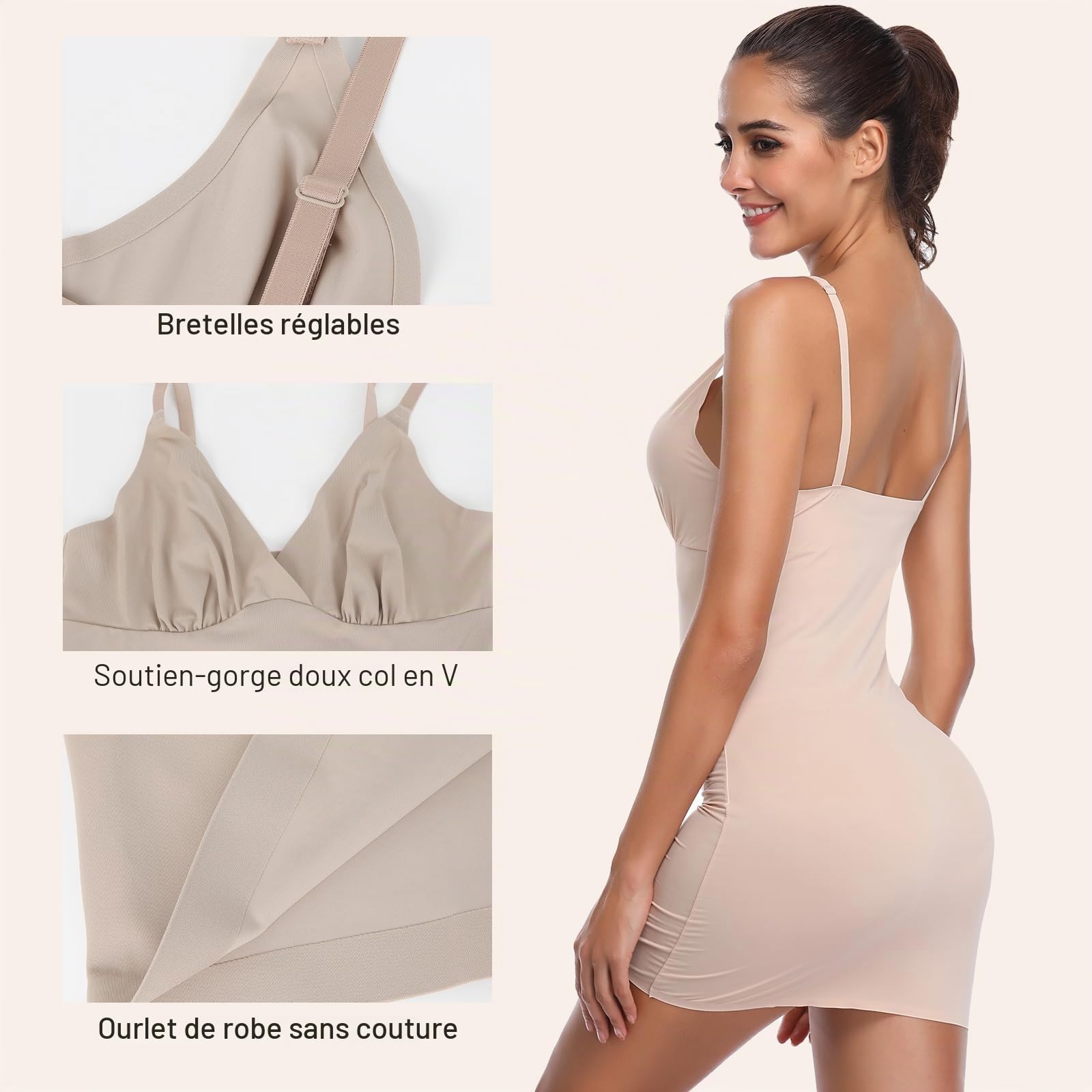 Joyshaper Fond de Robe Femme Col V Robe Sculptante Ventre Plat Body Shaper Chemise de Nuit Doux Under Slip Dress