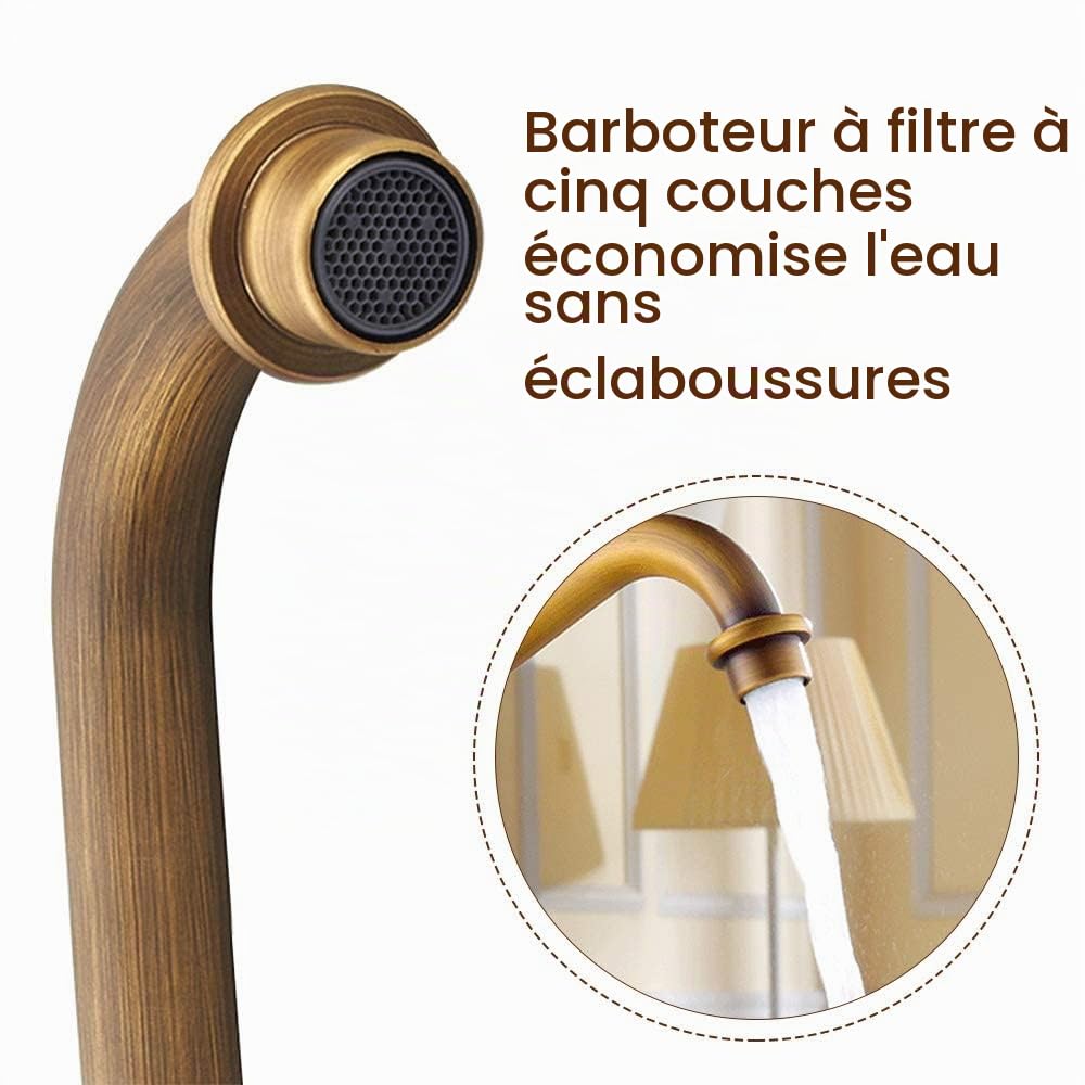 Robinet Vintage Robinet d'évier de Cuisine Pivotant à 360°, Mitigeur de Lavabo de Salle de Bain en Laiton de Bain à Double Poignée, avec Tuyau Flexible, Design Durabl