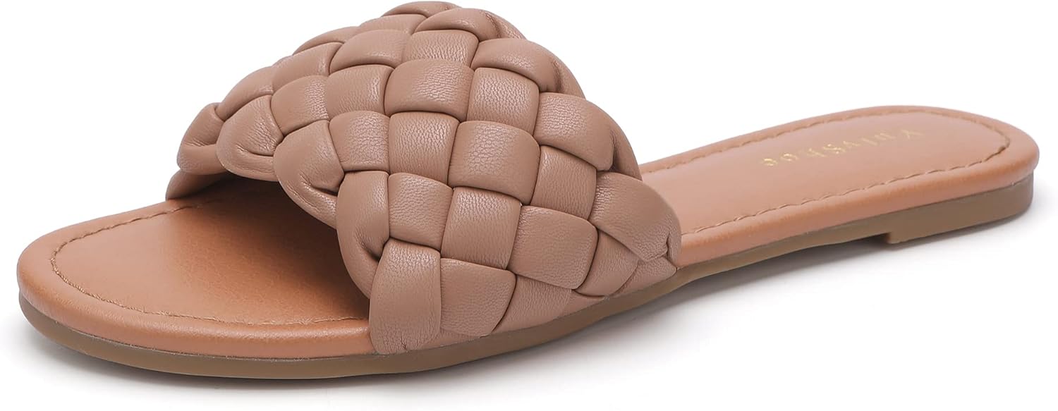 YULVSHOE Women’s Braided Flat Sandals Fashion Woven Open Toe Slip On Slides Strappy Beach Sandals Slippers For Summer