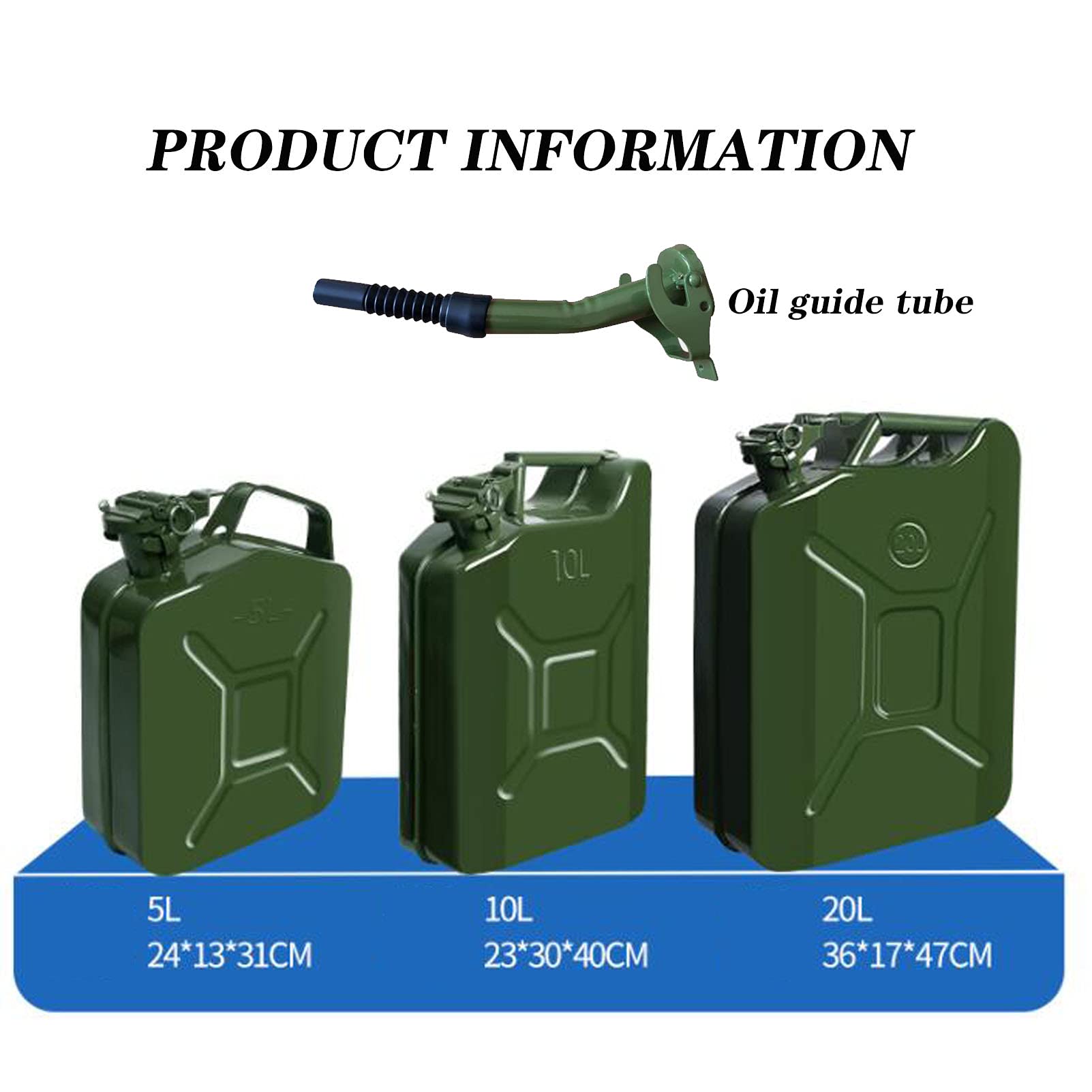 Taniche carburante Tanica per carburante Tanica per benzina in metallo con beccuccio per combustibili, tubo di versamento, conformità agli standard di sicurezza, verde (capacità: 5 l, 10 l, 20 l)