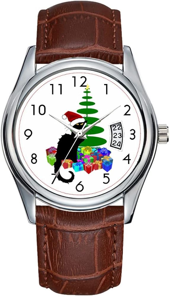Relojes para hombre Reloj de pulsera de lujo para hombre Reloj de cuarzo de cuero marrón Deportes de Navidad Reloj masculino Chat Noir con árbol de Navidad y regalos Relojes