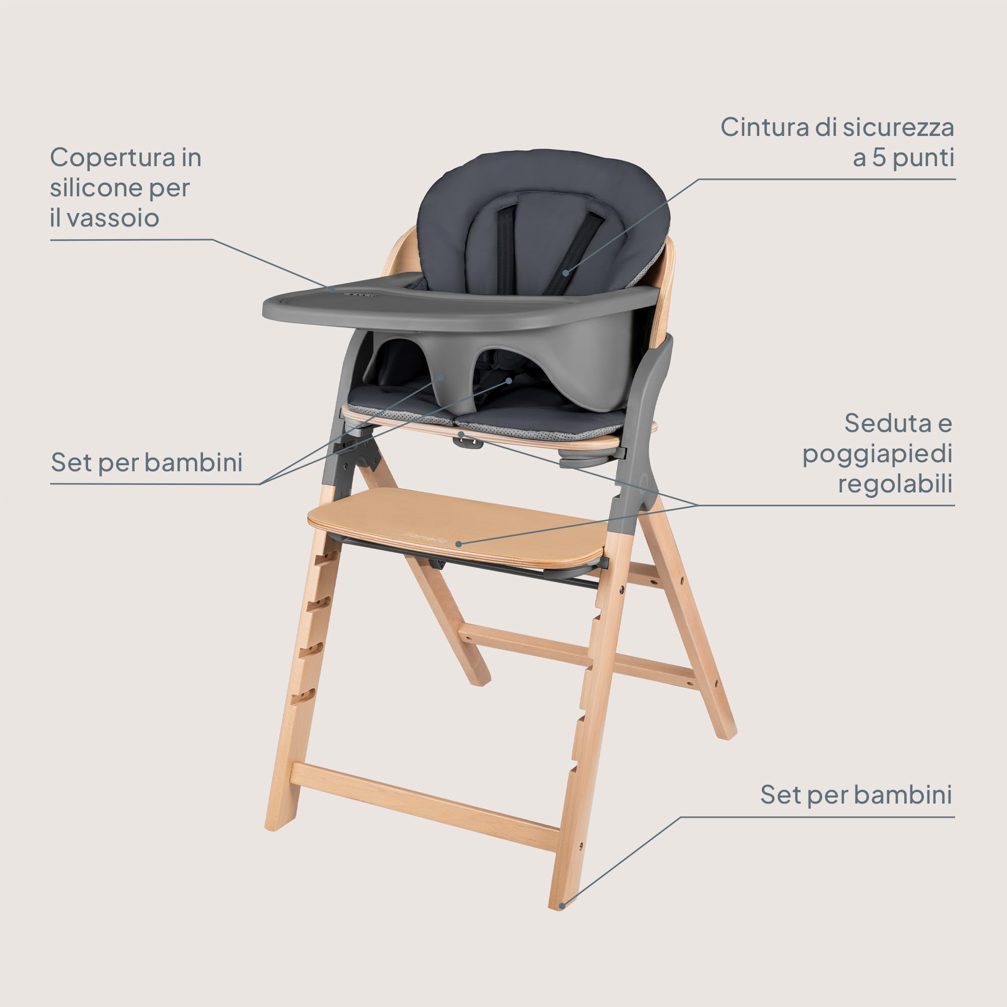 LIONELO Megan Seggiolone Pappa in Legno per Bambini da 6 Mesi e Adulti | Evolutivo fino a 110 kg, Poggiapiedi Regolabile, Cinture a 5 Punti, Cuscino per Seduta e Facile da Pulire