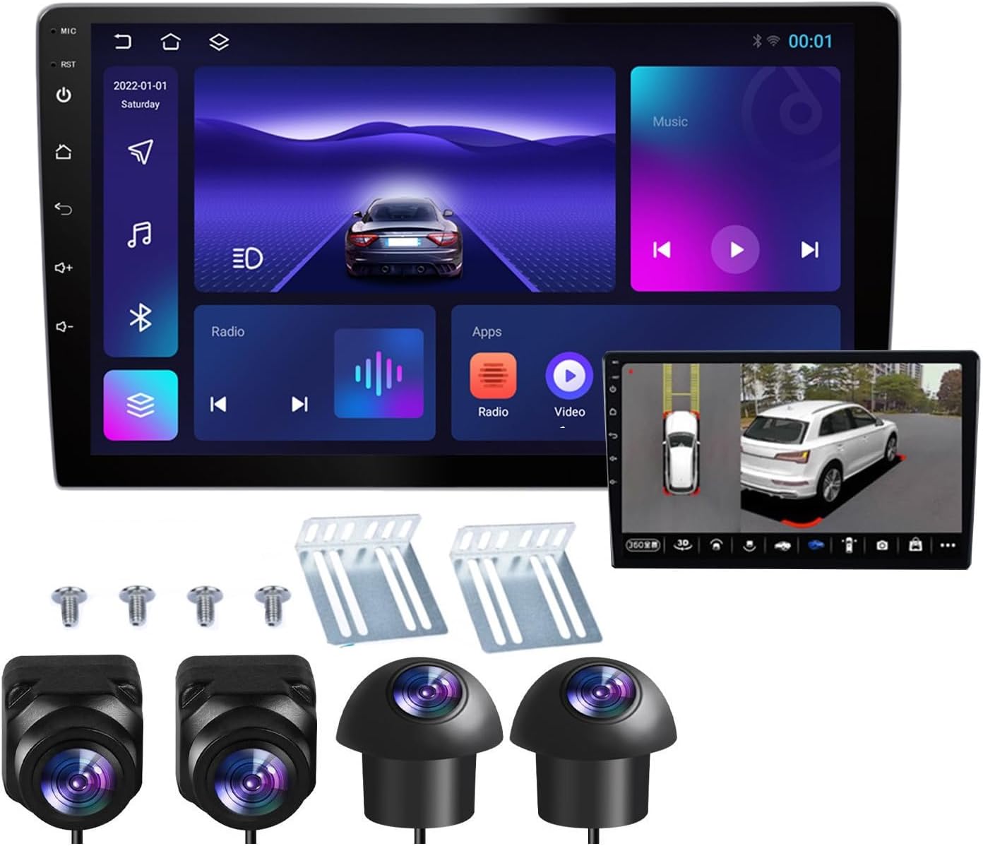 Double Din Car Stereo Support 360 Panoramic Backup Camera System, 360 Degree Panoramic Dashboard Recorder. 10 inch Touch Vehicle Andriod Navigation 4G+64G