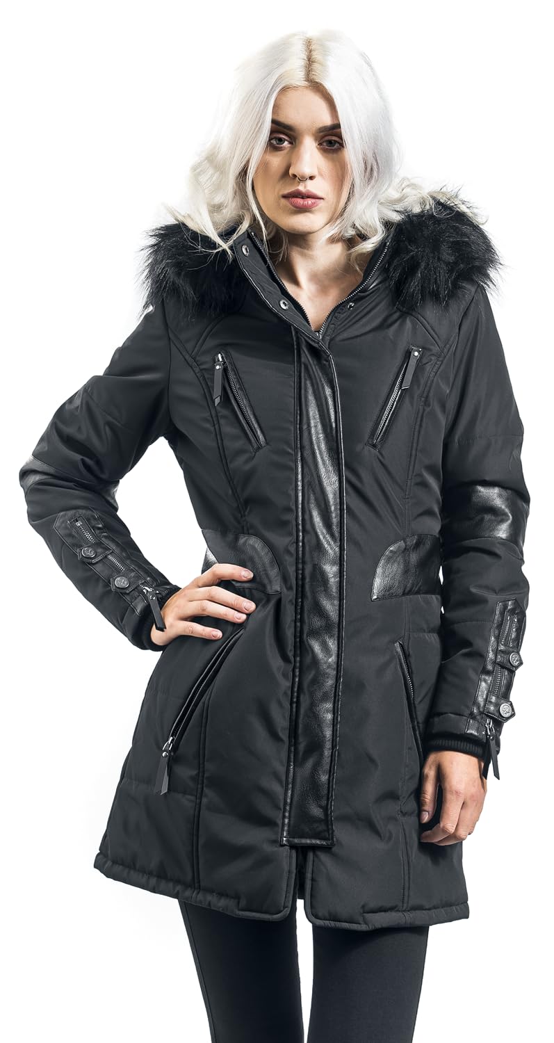 Rock Rebel by EMP Mujer Chaqueta larga de invierno negra con detalles de polipiel