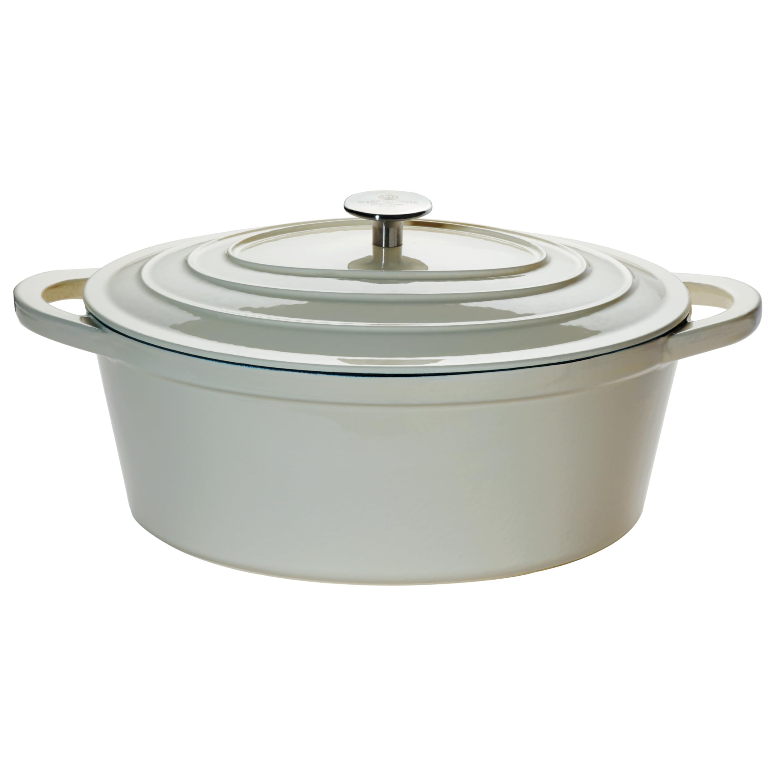 CHEF CUISINE Bräter Gusseisen mit Deckel, Oval groß, 6,7 L, Induktionsgeeignet, Antihafteffekt, geeignet zum Brot backen, inklusive Deckel mit Edelstahl Knopf, Creme