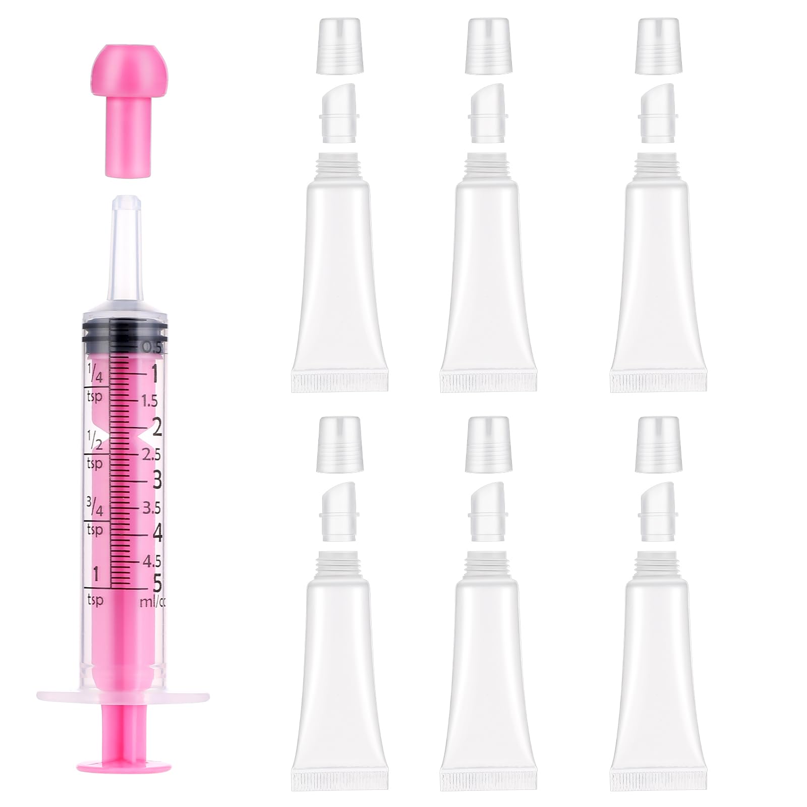 AHQiZFX Zestaw 6 pustych tubek do usta, przezroczyste strzykawki 5 ml, do szamponu, błyszczyka i balsamu