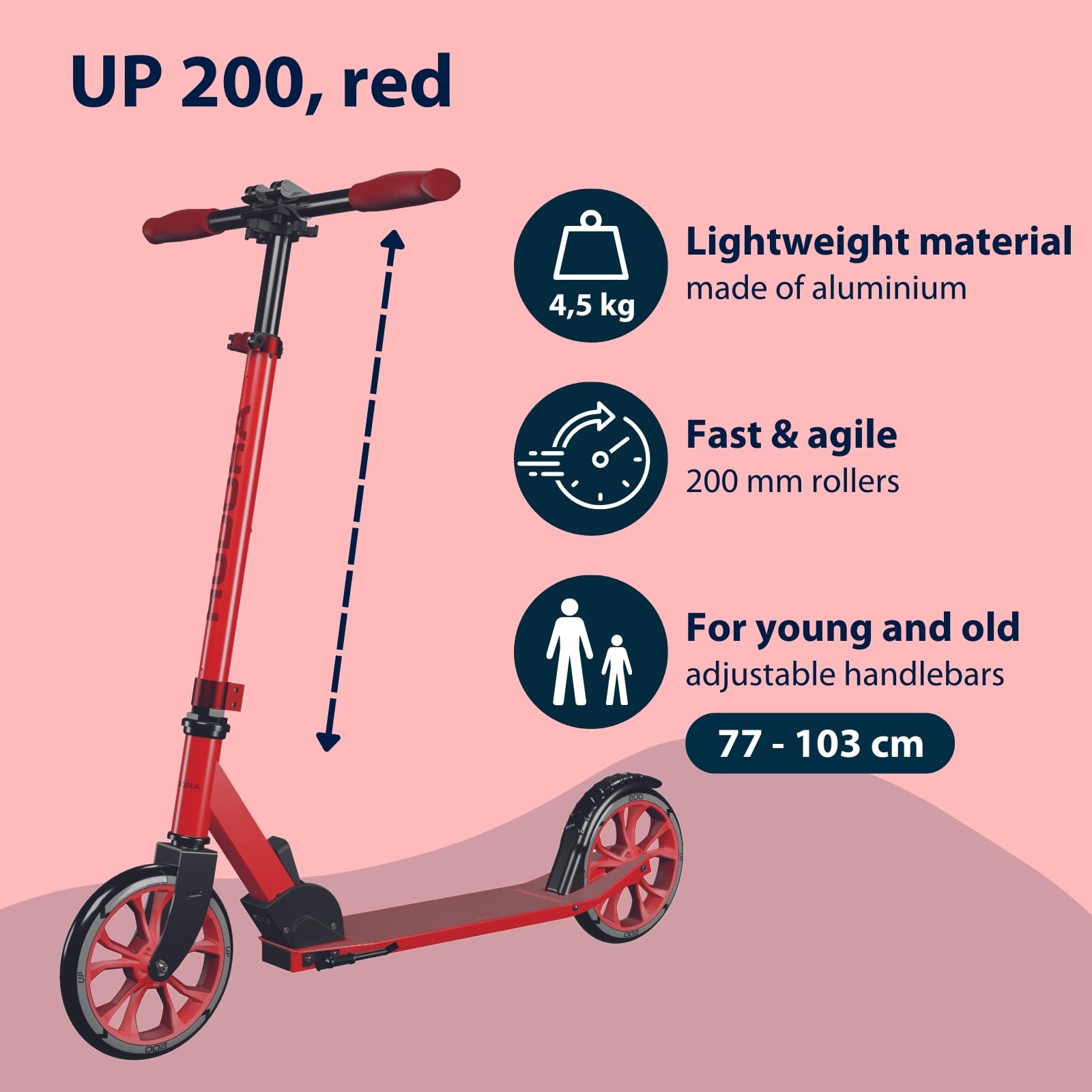 HUDORA Scooter Up 200 - Cicha, Aluminiowa Hulajnoga o Wadze Do 100 kg - Regulowana Wysokość i Składana - Bezruchowa Dla Dzieci/Młodzieży i Dorosłych