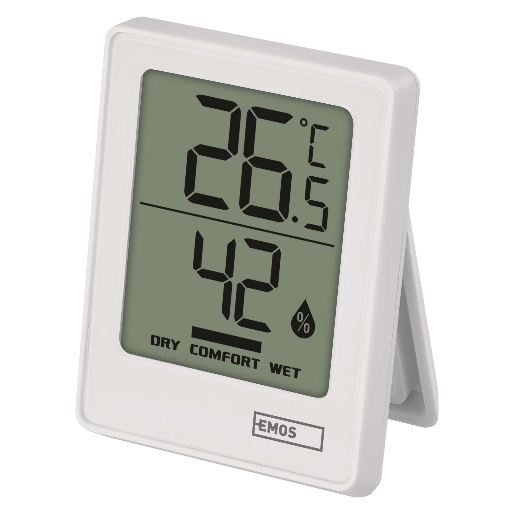 EMOS Termometr wewnętrzny i higrometr, zasilany bateriami (w zestawie CR2032), temperatura wewnętrzna °C/°F, zakres pomiarowy od -10°C do +50°C, symbol komfortu dla wilgotności powietrza w