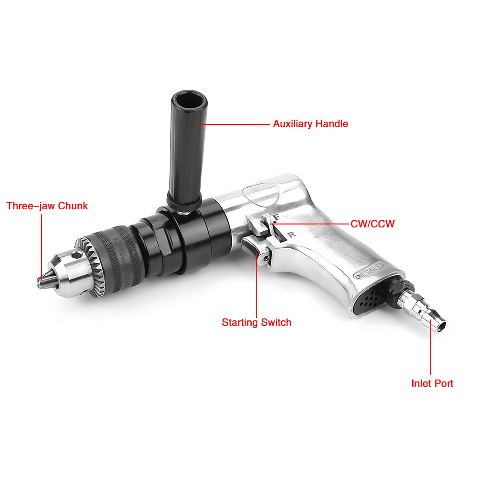 Tyenaza Taladro Neumático De Alta Resistencia De 1/2", KP - 554, Taladro Reversible CW/CCW De 900 RPM, con Mango Reversible De 360° para Operaciones De Perforación Profesionales