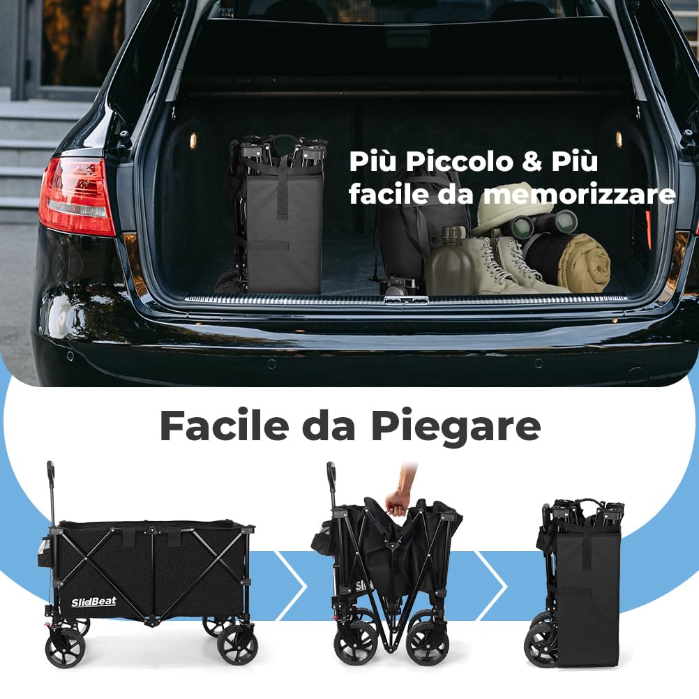 SLIDBEAT - Carrello da Giardino Pieghevole 220L, Carrello Spiaggia con Ruote Grandi, per Rimorchio per Giardino da Campeggio all'aperto Ogni Tipo di Terreno, Portata fino a 150kg