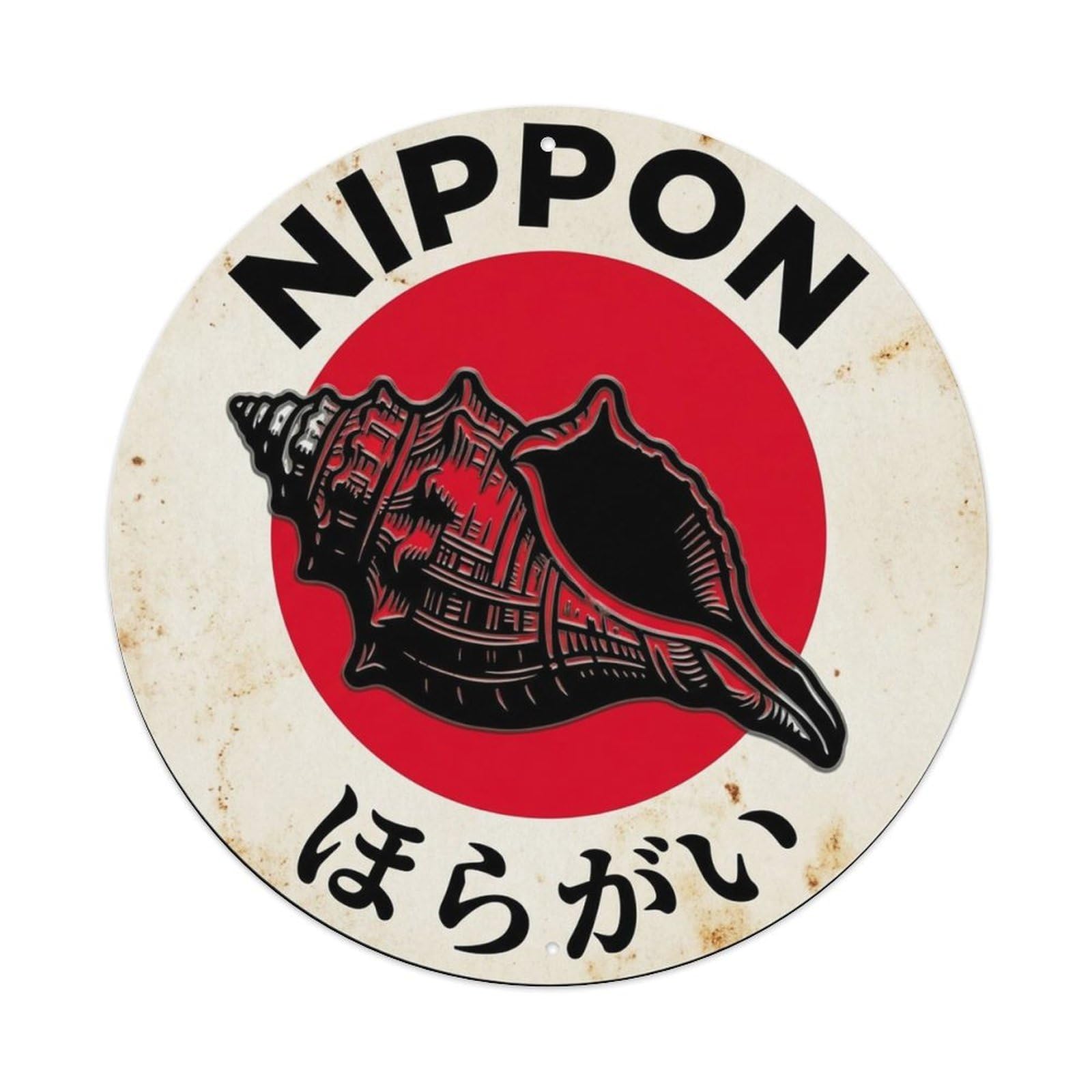 Horagai Conch Shell Nippon War Horn Old Style Label Metal Tin Sign Plaque Wall Decor for Cafe, Man Cave, Club Bar, Office, Home Garden Round Metal Poster 8x8Inch