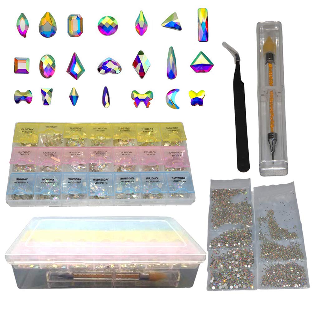 Queenme 10080pcs Bulk Nail Rhinestones Kit 21 Shapes Flatback Gems Glass Crystals for Nails Design DIY Craft, with Rhinestones Picker Tweezers and Wax Pen (AB，1512pcs K9 Crystals+8568pcs rhinestones)