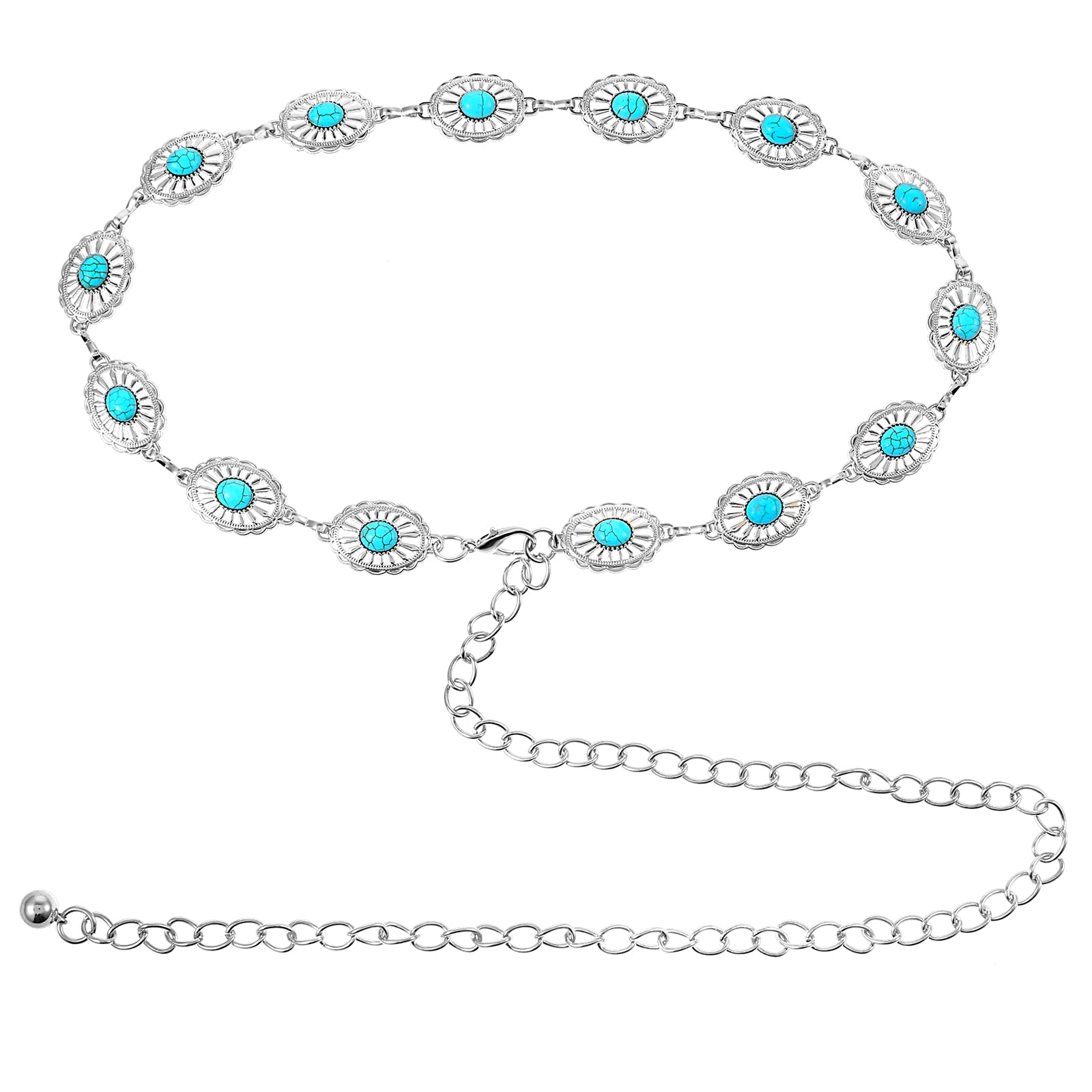 Concho Chain Waist Belts for Women, Turquoise Western Metal Belt Adjustable Cowgirl Belt with Buckle for Jeans Dresses