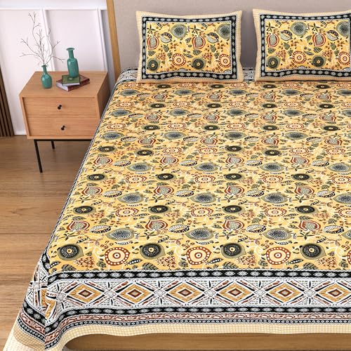 Image of India 100% Pure Cotton Jaipuri Printed Double Bedsheet with 2 Pillow Covers | Traditional Sanganeri Floral Design | Soft Breathable Fabric | King Size Bedsheet for Bedroom (Kaya55)