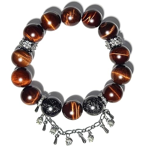 Joxozp Natural Red Tiger Eye with Black Crystal Beaded Bracelets for Women Men – Elastic Adjustable Size –14mm Chakra Feng Shui Bracelets for Strength & Protection