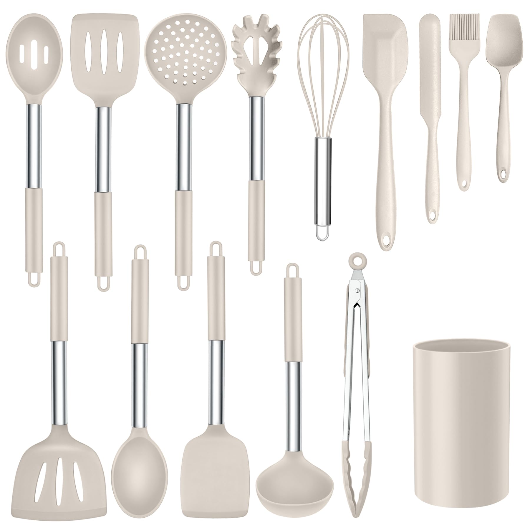 Onader Silicone Cooking Utensils Set of 15, Kitchen Utensils Set with Holder for Nonstick Cookware, 446°F Heat Resistant Stainless Steel Handle - Khaki